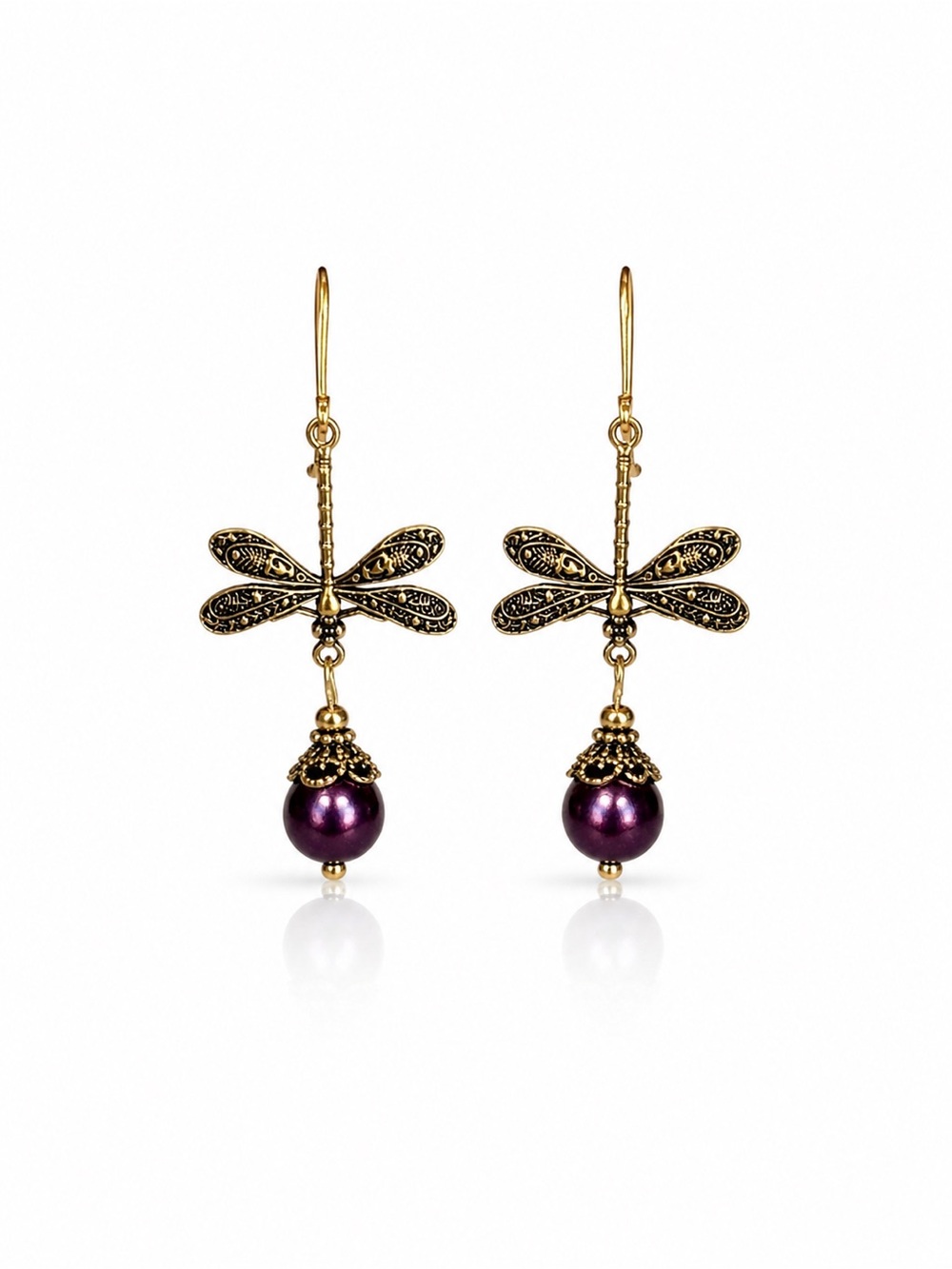 Gold Dragonfly Drop Earrings with Purple Pearl Accent